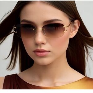 Rimless Sunglasses Gold Frame Gradient Black Lens Fashion Shades Street Wear New